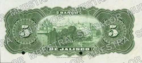 5 pesos, Banco de Jalisco (M385), reverso (M385s $5 Banco de Jalisco specimen)