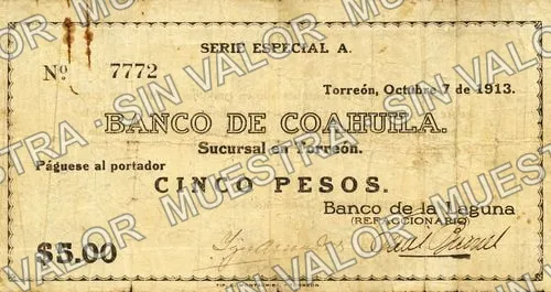 5 pesos, Banco de la Laguna (M1005), M1005 $5 Banco de la Laguna, anverso