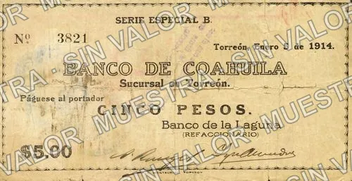 5 pesos, Banco de la Laguna (M1012), anverso (M1012b $5 Banco de la Laguna)