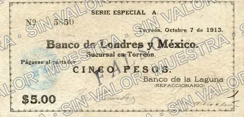 5 pesos, Banco de la Laguna (M1043), anverso (M1043b $5 Banco de la Laguna)