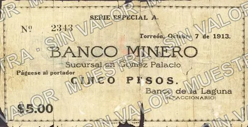 5 pesos, Banco de la Laguna (M1052), anverso (M1052a $5 Banco de la Laguna)