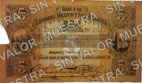 5 pesos, Banco de Londres, México y Sud América $5 (M235), M235a Banco de Londres, México y Sud América $5, anverso