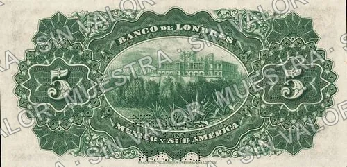 5 pesos, Banco de Londres, México y Sud América (M259), reverso