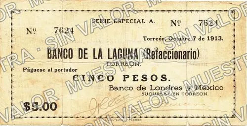 5 pesos, Banco de Londres y México (M1036), anverso