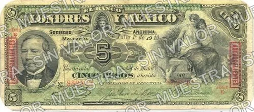5 pesos, Banco de Londres y México (M271), M271e $5 overprinted 'AGUASCALIENTES' in box, anverso