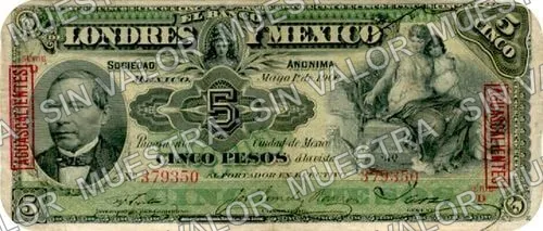 5 pesos, Banco de Londres y México (M271), M271e $5 overprinted 'AGUASCALIENTES' in box, anverso