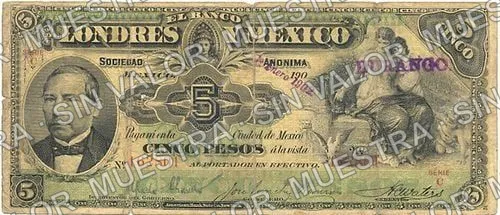 5 pesos, Banco de Londres y México (M271), M271f $5 stamped 'DURANGO', anverso