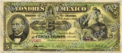 5 pesos, Banco de Londres y México (M271), M271g $5 overprinted 'GUADALAJARA', anverso