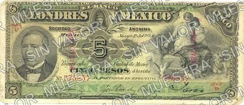 5 pesos, Banco de Londres y México (M271), M271g $5 overprinted 'GUADALAJARA', anverso