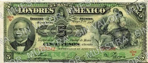 5 pesos, Banco de Londres y México (M271), M271i $5 stamped 'GUANAJUATO', anverso