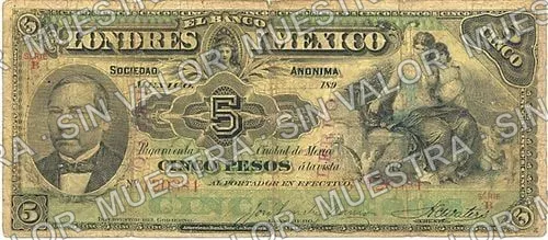 5 pesos, Banco de Londres y México (M271), M271j $5 stamped 'GUANAJUATO' in cartouche, anverso