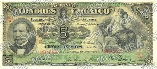 5 pesos, Banco de Londres y México (M271), M271j $5 stamped 'GUANAJUATO' in cartouche, anverso