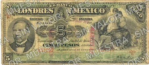 5 pesos, Banco de Londres y México (M271), M271k $5 stamped 'MAZATLAN', anverso