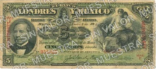 5 pesos, Banco de Londres y México (M271), M271l $5 overprinted 'MONTERREY', anverso