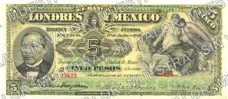 5 pesos, Banco de Londres y México (M271), M271n $5 stamped 'PUEBLA', anverso