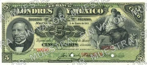5 pesos, Banco de Londres y México (M271), M271s $5 Banco de Londres y, anverso