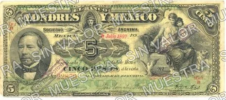 5 pesos, Banco de Londres y México (M271), M271t $5 overprinted 'San Luis Potosí', anverso