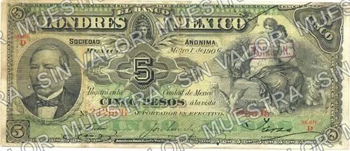 5 pesos, Banco de Londres y México (M271), M271u $5 stamped 'TORREON', anverso