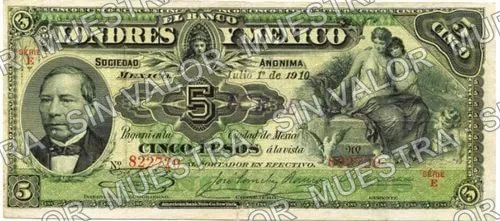5 pesos, Banco de Londres y México (M271), M271u $5 stamped 'TORREON', anverso