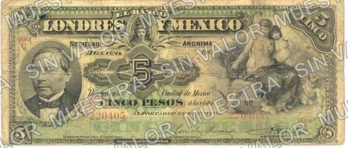 5 pesos, Banco de Londres y México (M271), M271u $5 stamped 'TORREON', anverso
