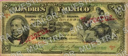 5 pesos, Banco de Londres y México (M271), M271v $5 stamped 'VERACRUZ', anverso