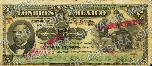 5 pesos, Banco de Londres y México (M271), M271v $5 stamped 'VERACRUZ', anverso