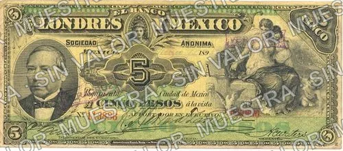 5 pesos, Banco de Londres y México (M271), M271v $5 stamped 'VERACRUZ', anverso