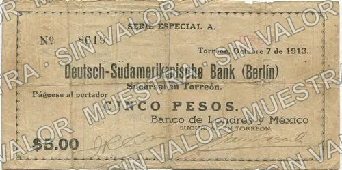 5 pesos, Banco de Londres y México printed number, stamped number (M1020), M1020a $5 Banco de Londres y México (printed number, stamped number, anverso