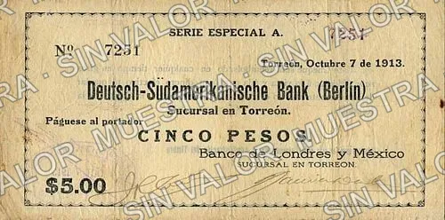 5 pesos, Banco de Londres y México printed number, stamped number (M1020), M1020a $5 Banco de Londres y México (printed number, stamped number, anverso