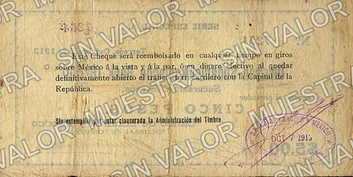 5 pesos, Banco de Londres y México printed number, stamped number (M1020), M1020a $5 Banco de Londres y México (printed number, stamped number, reverso