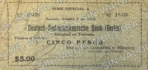 5 pesos, Banco de Londres y México printed number, stamped number (M1020), M1020b $5 Banco de Londres y México (date in centre, two printed numbers, anverso