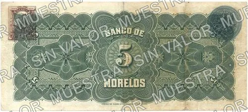 5 pesos, Banco de Morelos (M417), M417b $5 Banco de Morelos, reverso