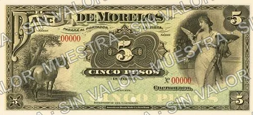 5 pesos, Banco de Morelos (M417), anverso (M417s $5 Banco de Morelos specimen)