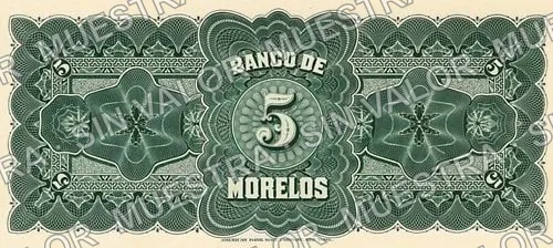5 pesos, Banco de Morelos (M417), reverso (M417s $5 Banco de Morelos specimen)