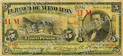 5 pesos, Banco de Nuevo León (M434), M434a $5 overprinted 'H M H M', anverso