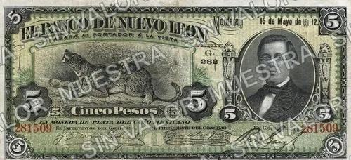 5 pesos, Banco de Nuevo León (M434), M434c $5 Banco de Nuevo León, anverso