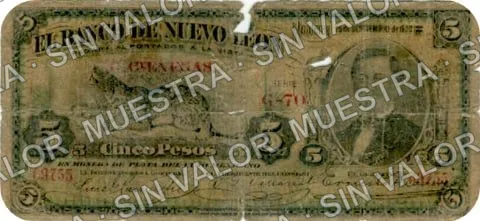 5 pesos, Banco de Nuevo León (M434), M434e $5 overprinted 'C. CIENEGAS', anverso