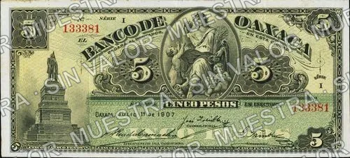 5 pesos, Banco de Oaxaca (M447), M447a $5 Banco de Oaxaca, anverso