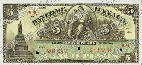 5 pesos, Banco de Oaxaca (M447), anverso (M447s $5 Banco de Oaxaca specimen)
