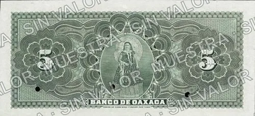 5 pesos, Banco de Oaxaca (M447), reverso (M447s $5 Banco de Oaxaca specimen)