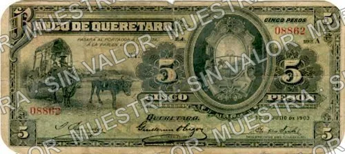 5 pesos, Banco de Querétaro (M473), anverso