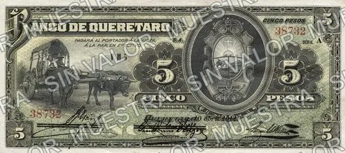 5 pesos, Banco de Querétaro (M473), anverso (M473b $5 Banco de Querétaro)