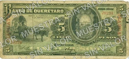 5 pesos, Banco de Querétaro (M473), anverso (M473c $5 overprinted 'IRAPUATO')