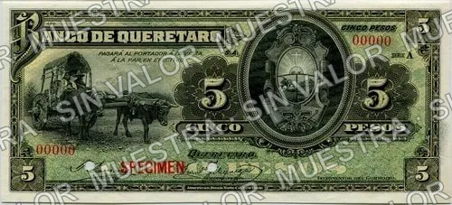5 pesos, Banco de Querétaro (M473), anverso (M473s $5 Banco de Querétaro specimen)