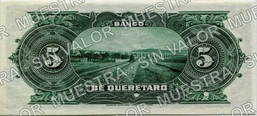 5 pesos, Banco de Querétaro (M473), reverso (M473s $5 Banco de Querétaro specimen)