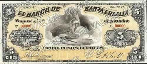 5 pesos, Banco de Santa Eulalia (M164), anverso (M164s $5 Banco de Santa Eulalia specimen)