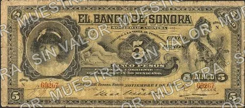 5 pesos, Banco de Sonora (M5507), anverso (M5507a $5 Banco de Sonora)