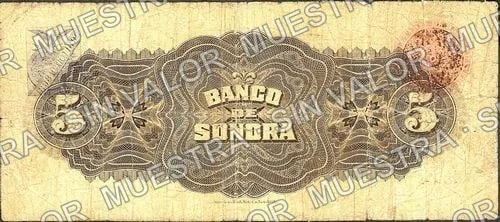 5 pesos, Banco de Sonora (M5507), reverso (M5507a $5 Banco de Sonora)
