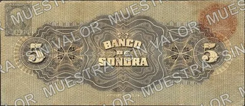 5 pesos, Banco de Sonora (M5507), reverso (M5507c $5 Banco de Sonora)
