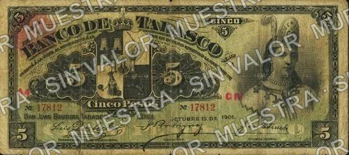 5 pesos, Banco de Tabasco (M513), anverso